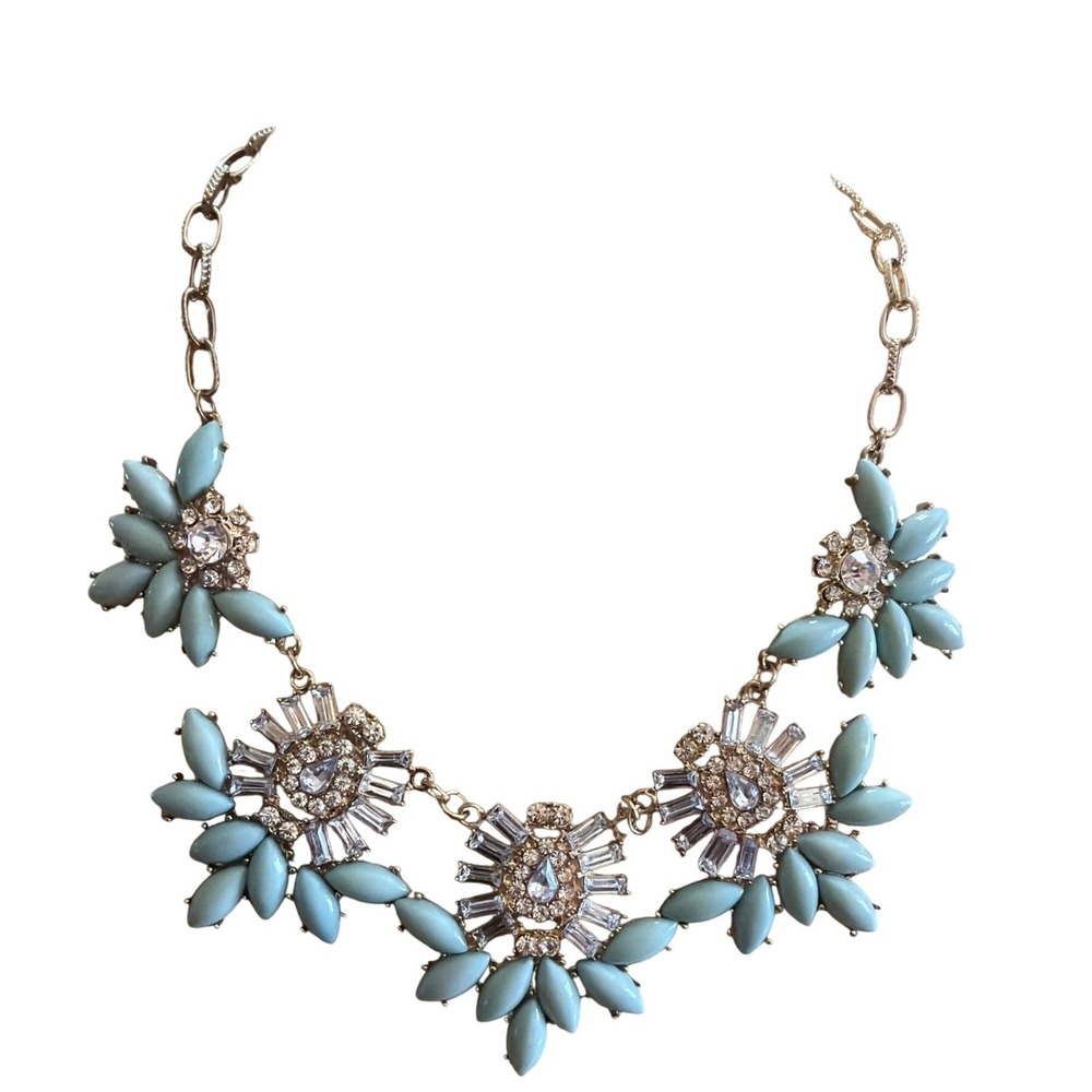Light Blue Gold‎ Tone Floral Bib Statement Necklace Rhinestone Crystal Sunburst